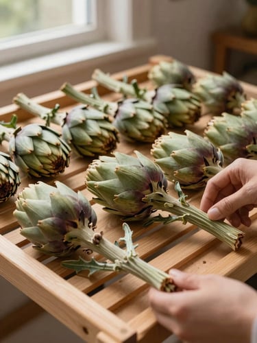Close-up wide shot of bundled dried artichoke thistle herbs laid across a clay-toned wooden drying rack in a sunlit room, natural daylight streaming from a side window, ochre and sage tones, hands just visible at the edge adjusting a bundle, depth of field showing rows of product behind