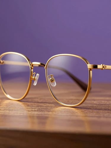 Elegant close-up of premium gold-detailed glasses frame on a warm wooden surface, soft purple background, studio light.
