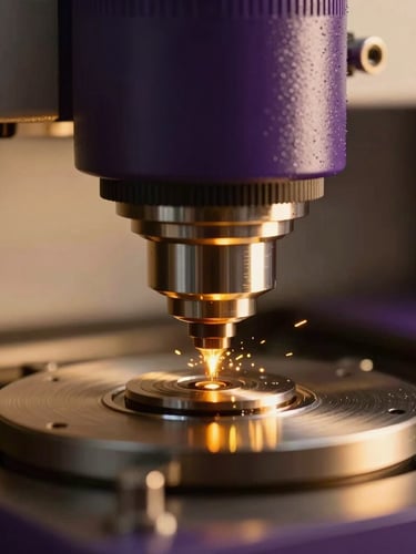 Macro shot of a high-precision optical lens cutting machine in action, subtle golden sparks, warm soft studio lighting, elegant details