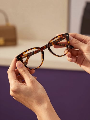 Close-up of elegant hands holding a premium tortoiseshell frame, warm natural light, soft-focus boutique background