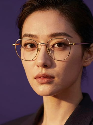 Elegant editorial portrait of a woman wearing sophisticated gold-rimmed glasses, warm golden-hour studio light, deep purple background, shallow depth of field, 85mm lens