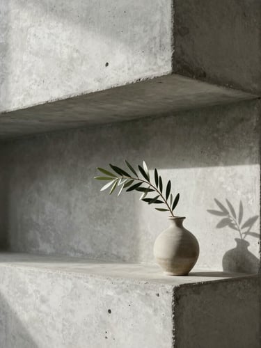 An architectural detail of the Riverton studio, showing clean concrete lines, a single olive branch in a ceramic vase, soft directional light.