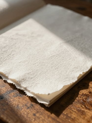Extreme close-up of heavy-textured handmade cotton paper with deckled edges, resting on an antique oak table, soft directional late-afternoon sunlight casting long shadows across the grain.