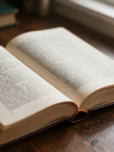Macro shot of a thick, leather-bound theological book open on a dark oak desk, textured cotton paper with crisp traditional serif typography, soft warm directional window light casting rich shadows, 35mm photography
