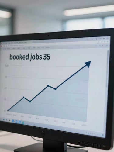 Close-up of a digital dashboard showing a clear upward trend in 'booked jobs' metrics, professional office environment, overcast daylight, sharp focus, 35mm