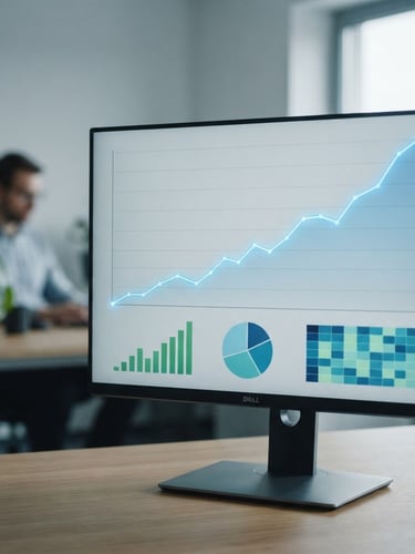 Close-up of a digital marketing dashboard on a monitor, showing an upward trend graph for local SEO, clean office environment, natural overcast daylight, sharp focus, 35mm