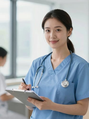 A bright environmental portrait of a nursing professional in clean scrubs taking notes during a clinical lecture, natural window light, shallow depth of field.