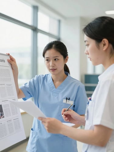Two nurses collaborating over a medical research poster in a bright, modern lecture hall, natural light, candid environmental portrait