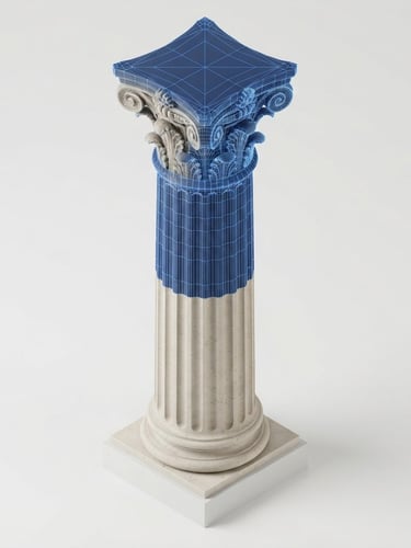 Clean isometric 3D render of a highly detailed architectural column showing transition from solid textured surface to blue CAD wireframe mesh, high-key studio lighting, neutral white background, sharp focus, technical precision, 8k resolution