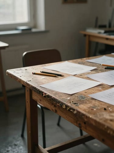 Wide shot of a quiet north-lit studio interior, a worn wooden worktable occupying the right two-thirds, scattered pencils and paper sheets mid-process, soft daylight pooling across the surface, empty chair pulled back, no people present