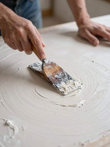 Close-up portrait-format image of hands smoothing a surface of wet plaster on a recessed panel, a worn wooden float tool in frame, north-facing studio daylight, dust and texture visible mid-stroke