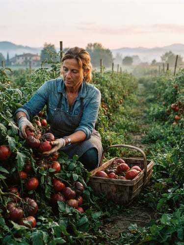 Wide panoramic image of a farmer harvesting heirloom tomatoes at dawn, soft natural light, dew on leaves, deep crimson and forest green tones, shallow depth of field, 35mm.