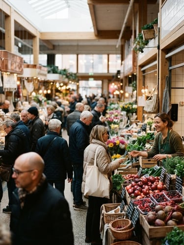 Wide panoramic shot of a bustling, Scandinavian-style food market, soft natural light, diverse produce stalls, people interacting with vendors, shallow depth of field, 35mm