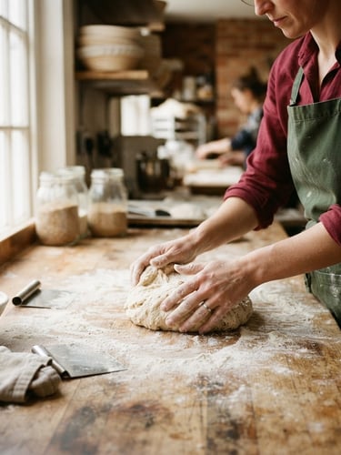 Wide shot of a chef's hands carefully kneading sourdough on a wooden counter, flour dusting the surface, soft natural light from a window, warm editorial photography, deep crimson and forest green tones, shallow depth of field, 35mm