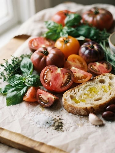 Camera lens focusing on a vibrant arrangement of raw, fresh ingredients (heirloom tomatoes, fresh herbs, artisanal bread) on a crisp parchment background, soft natural window light, deep crimson and forest green tones, shallow depth of field, 35mm.