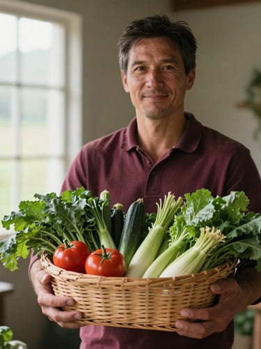 Portrait image of a farmer proudly holding a basket of fresh organic vegetables, soft natural light, rustic farm background, deep crimson and forest green tones, shallow depth of field, 35mm.
