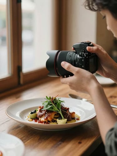 Behind-the-scenes shot of a content creator adjusting a camera lens over a beautifully plated dish in a food hall, soft natural light, warm editorial photography