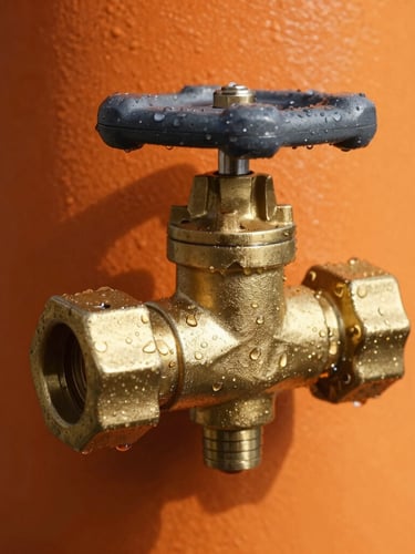 Close-up macro shot of a brass double-check backflow preventer valve assembly, water droplets glistening on the metal, natural daylight with high-contrast orange and charcoal tones, 35mm.