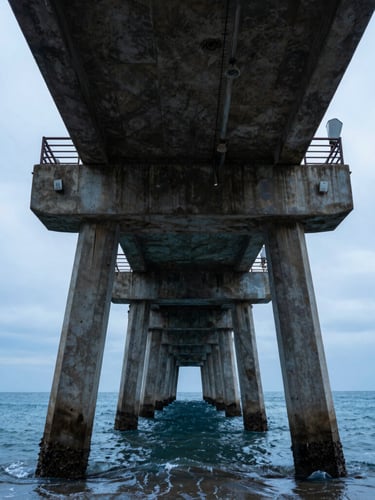 Dramatic low-angle portrait shot of a massive concrete pier structure extending into the sea, showing its robust construction and engineering details, overcast coastal daylight, deep blues and steel grays, high contrast.
