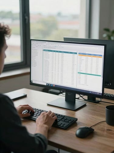 Wide environmental shot of a strategist reviewing a multi-tab analytics spreadsheet at a standing desk, daylit room with large window behind, cool natural light, overhead angle showing keyboard and screen simultaneously, no face visible