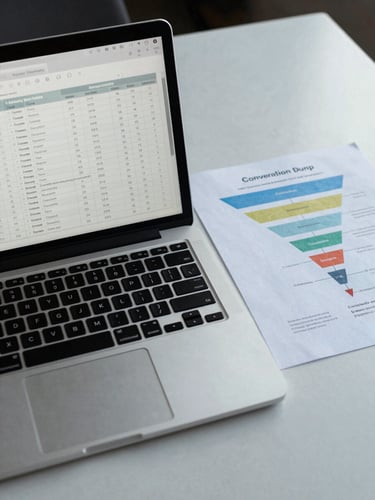Overhead shot of an open laptop showing an SEO rank-tracking spreadsheet alongside a printed conversion funnel diagram on a clean desk, cool daylight from above, no people in frame