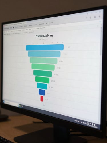 Close-up overhead shot of a large monitor displaying a multi-channel attribution funnel diagram with conversion data columns, cool studio strobe light raking across the screen at a sharp angle, desk surface barely visible at the bottom edge