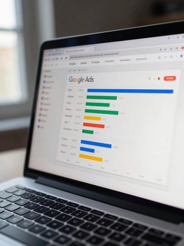 Close-up of a laptop screen displaying a Google Ads campaign dashboard with conversion funnel metrics, cool window light from the left, keyboard partially visible at frame bottom, sharp editorial framing