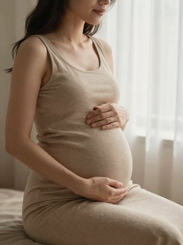 Serene portrait of a pregnant woman sitting in soft window light, hands gently resting on her belly, warm oatmeal tones, elegant and calm, 35mm