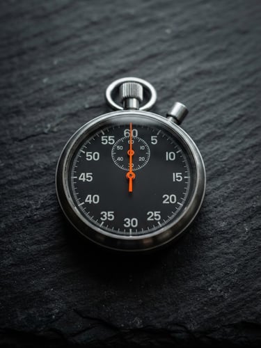 High-contrast macro shot of a precision mechanical stopwatch resting on a dark slate desk, sharp directional light casting deep shadows, electric orange hand pointing to zero.