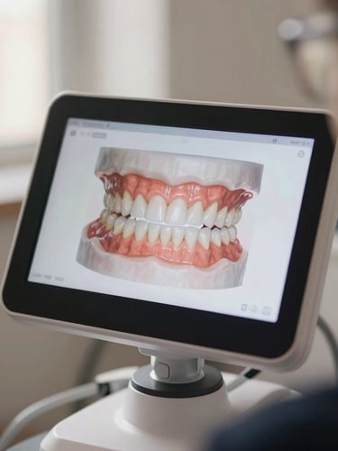 Close-up of a sleek modern intraoral scanner screen displaying a pristine 3D dental model, warm editorial lighting, shallow depth of field