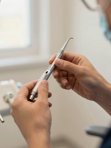 Close-up of a specialist's hands gently adjusting a high-end dental instrument, soft warm lighting, elegant clinic interior
