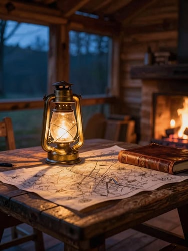 Cozy wooden cabin interior at twilight, a rustic table covered with hand-drawn maps, a glowing golden lantern, and leather-bound journals, soft hearth firelight casting warm shadows.