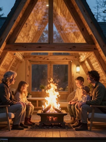 Cinematic portrait of the Claus family inside a modern glowing wooden cabin, warm hearth firelight, soft golden tones, cozy and premium atmosphere, anamorphic lens