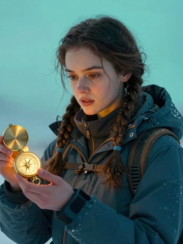 Cinematic portrait of a young female explorer with braided hair in high-altitude winter gear, holding a glowing golden compass, soft bioluminescent teal background, anamorphic lens