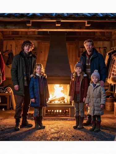 Cinematic wide portrait of the Claus family standing inside a cozy timber workshop, warm golden hearth light casting soft glows on elegant winter gear, anamorphic lens.