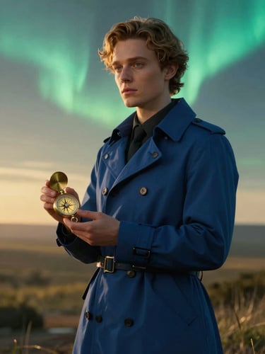 Cinematic portrait of Heyden Claus wearing a tailored deep-blue explorer coat, holding a glowing brass compass, soft aurora teal light illuminating her face, anamorphic lens.