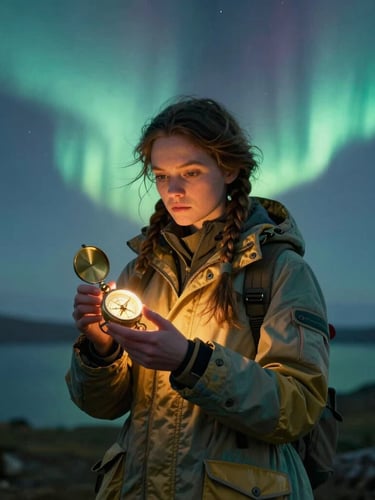 Cinematic wide portrait of a young female explorer with braided hair in a tailored teal and gold winter parka, holding a glowing brass compass, soft aurora borealis glowing in the background, anamorphic lens.