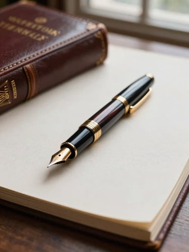 A close-up portrait of a classic fountain pen resting on heavy ivory-stock paper next to a leather-bound legal volume, soft library window light.