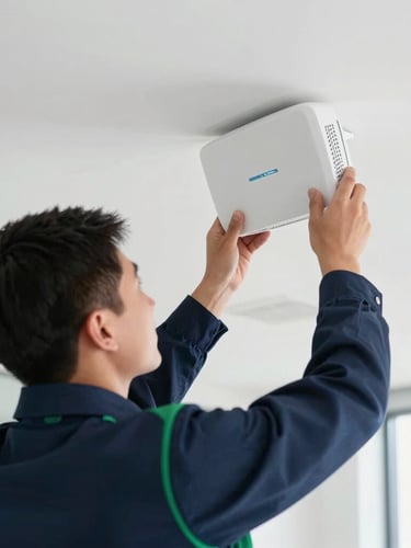 A professional technician in a clean corporate uniform mounting a sleek white wireless access point on an office ceiling, bright daylight, professional environment.