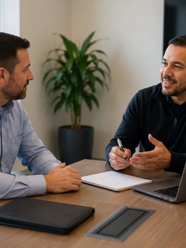 IT consultant meeting with a small business owner to review technology strategy and managed IT servi