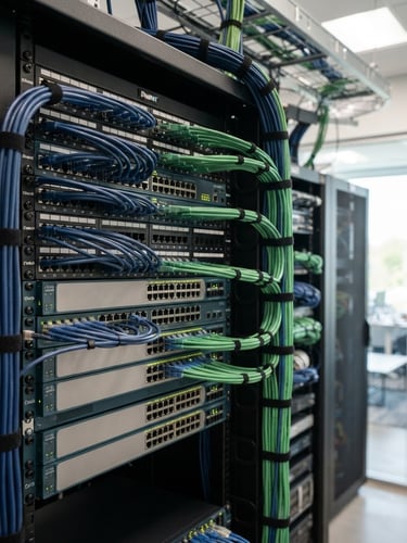 A close-up of a neatly organized server rack with clean blue and green ethernet cabling in a bright, modern Mt. Juliet office, natural daylight.