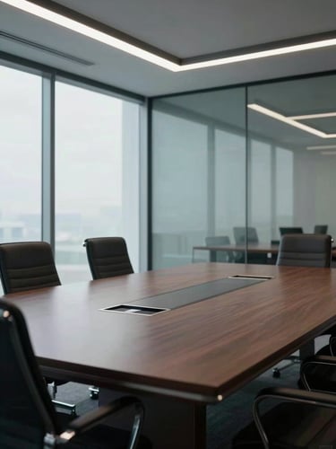 Stark corporate boardroom with clinical lighting, architectural glass walls, structured minimalist workspace, deep shadows, high contrast