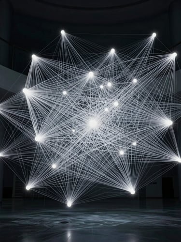 Abstract high-dimensional vector network mapping complex data flows, cool clinical architectural lighting, deep shadows, high contrast