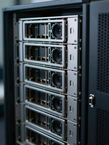 Macro detail of physical server infrastructure and structured workspace, cool clinical lighting, deep shadows.