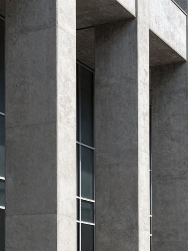 Stark high-contrast architectural detail of concrete columns and glass panels, clinical lighting, deep shadows, capturing structured engineering