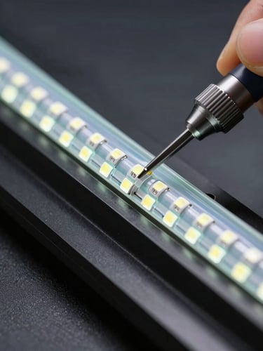 Macro close-up of a high-density cyan LED neon flex tube being mounted onto a black aluminum channel, precise hand holding a technical tool, bright uniform illumination, dark industrial background.