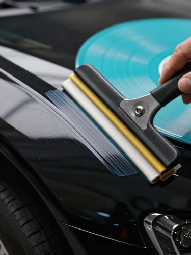 Macro close-up of cyan vinyl film being perfectly applied with a squeegee onto the deep curve of a black vehicle fender, high-contrast lighting highlighting the flawless edge