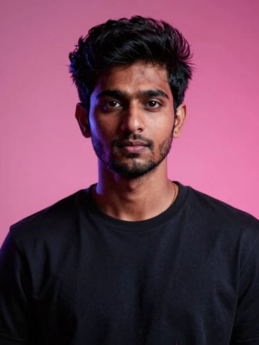 Cinematic studio portrait of Aniket, a young Indian male creative director, moody high-contrast lighting, neon pink backlight, sharp details, 35mm.
