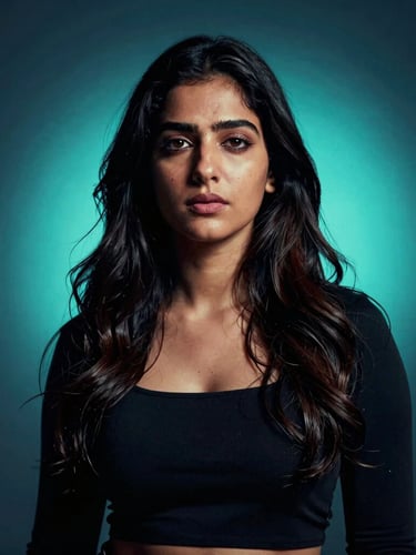 Cinematic studio portrait of Khushi, a young Indian female creative storyteller, dramatic high-contrast lighting, neon cyan backlight, sharp details, 35mm.