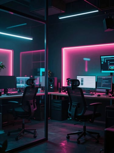 Cinematic wide shot of a dark-mode creative studio in Ahmedabad, moody neon pink and cyan backlights reflecting off glass partitions, 35mm lens.